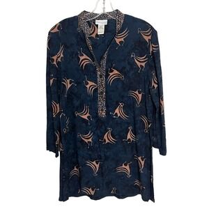 Soft Surroundings Abstract Bird Print Long Sleeve Tunic Top Navy Gold Small